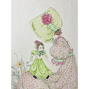 Ellen Nelson Colored Page Art Print Colonial English Girl & Doll 17x12" Vintage